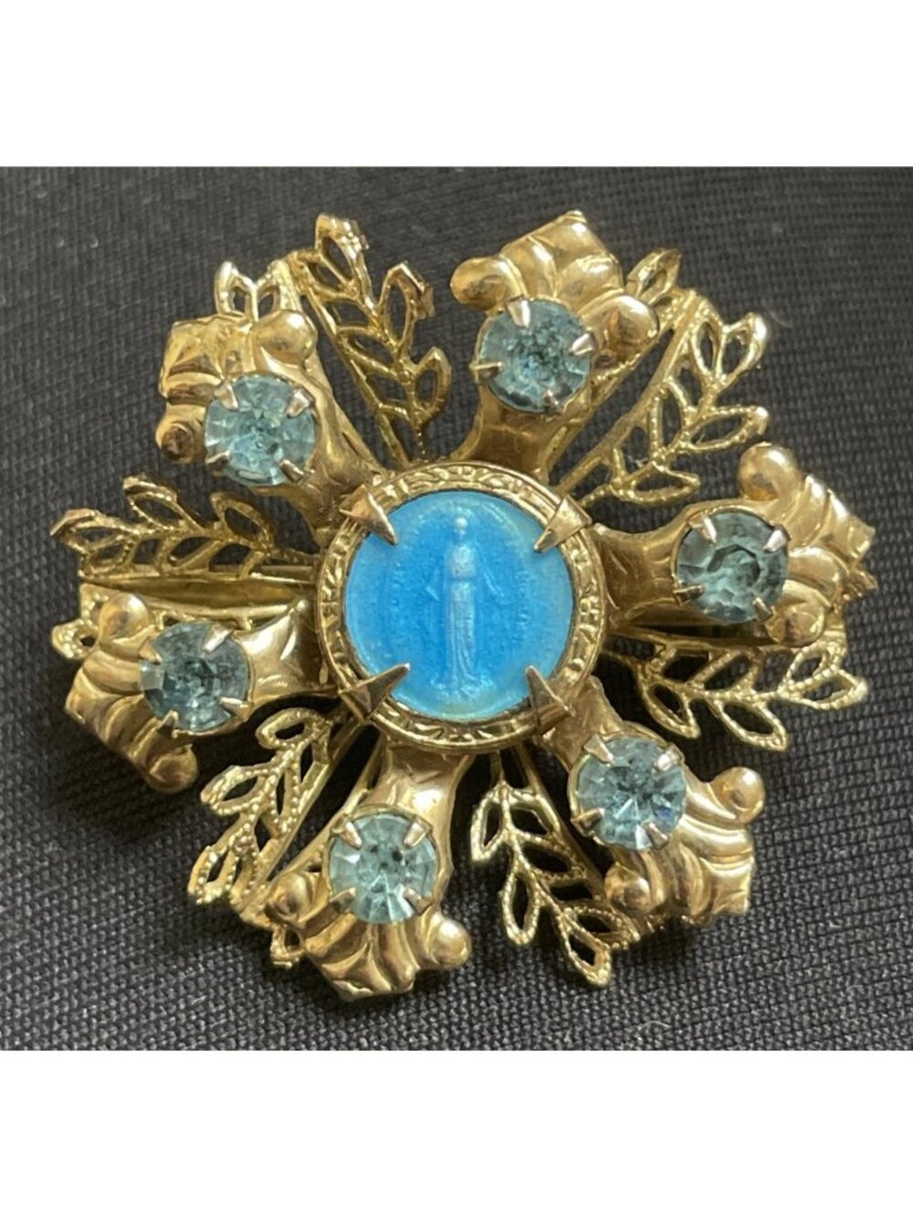Vintage Mary Brooch Blue Enamel Rhinestone Filigree Religious Brooch Pin